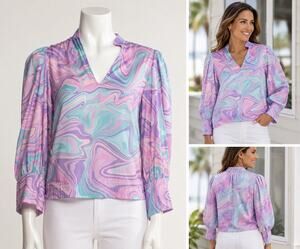 Emily McCarthy Women Purple 3/4 Sleeve Marble Hampton Top Blouse Small
